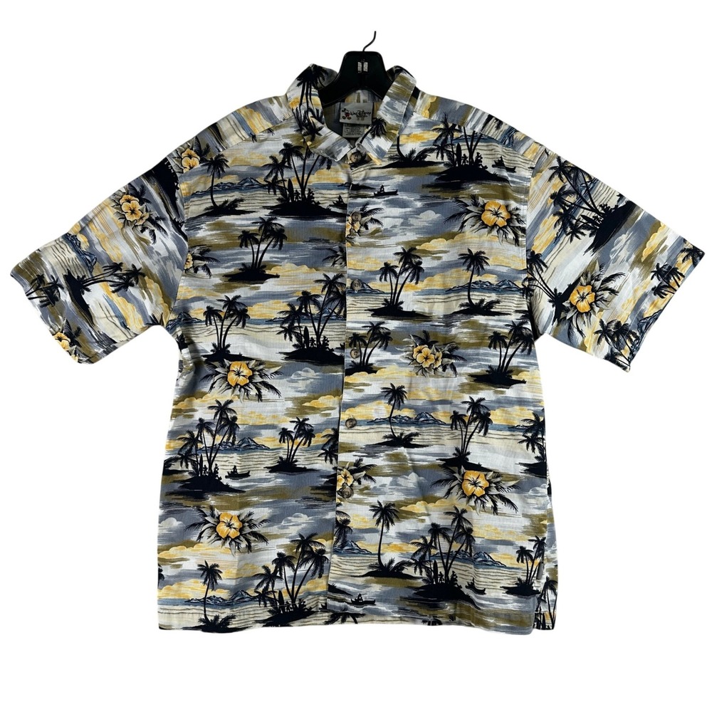 Walt Disney World Tropical Mickey Button Up Shirt Mens L Blue‎ Yellow Hawaiian